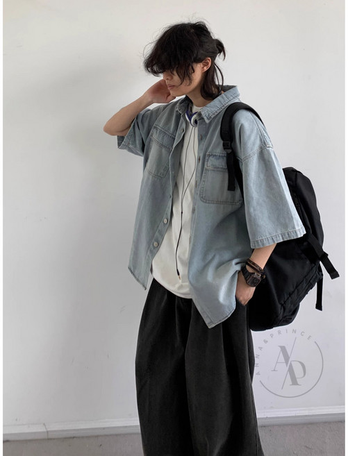 남성용 반팔 워크셔츠 청 포켓 데님오버핏 230525
