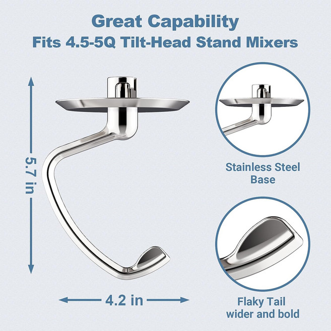 호환 주방 보조 믹서용 스테인리스 스틸 반죽 후크 식기 세척기 안전 광택 4.5-5Qt 틸트 헤드 스탠드, 01 Stainless Dough Hook, 1개