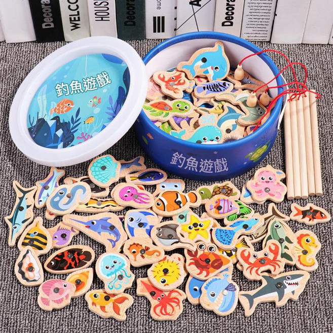 木製海洋釣魚玩具, 82條魚 5根魚竿 桶裝, 1個