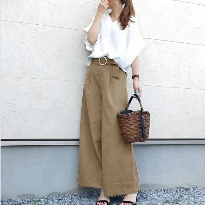 체인지쉬(change she) 여름 루즈핏 브이넥 가오리 반팔 상의 벨트 와이드 팬츠 투피스