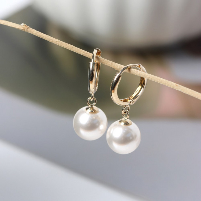 오로프 전체 14K 금 프리미엄 화이트 진주 딸랑이 원터치 링 귀걸이 1쌍