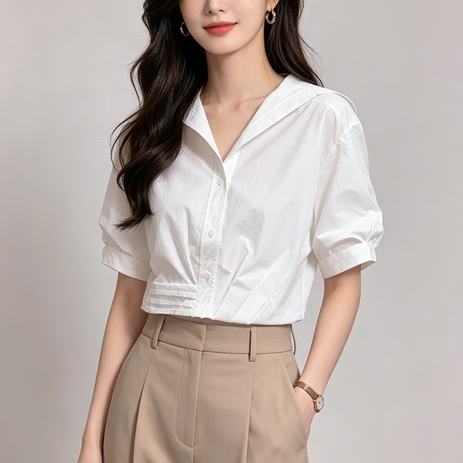 하늘비즈 세련된 세일러 카라 퍼프 소매 크롭 셔츠 슬림핏 여름 반팔 블라우스