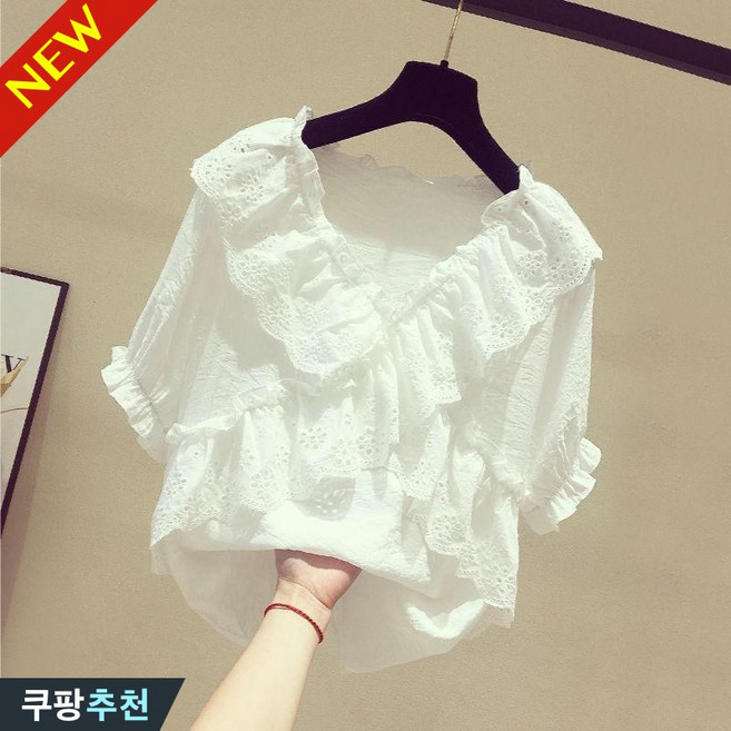 (Top-1 추천) 빅사이즈 여성 레이스 프릴 셔링 브이넥 블라우스 반팔 티셔츠 여름 편한 프렌치 입체 레이어드 패션 심플 단아한 기질 이쁜 데일리 코디 고급 상의 바캉스 티