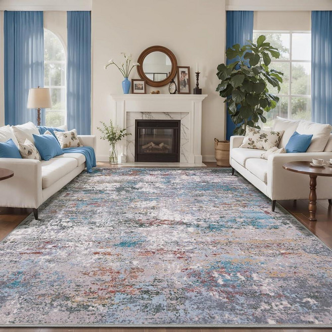 Tangsoo 4x6 Washable Area Rug Modern Non Slip Indoor Rugs for Living Room Abstract Contemporary, Blue/Grey