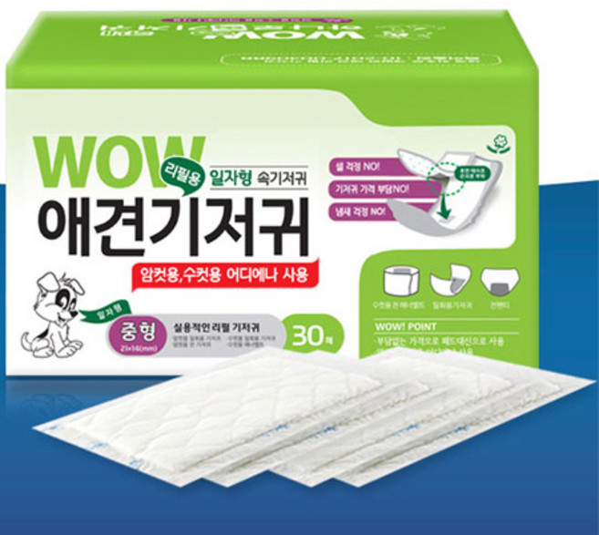 와우 일자형 반려견 기저귀 리필용, 중형, 30개