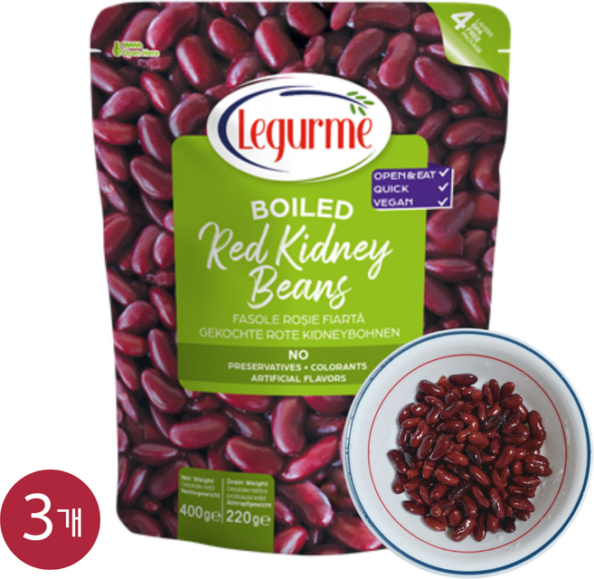 르구르메 콩통조림 삶은콩 저열량 콩요리 레드키드니빈스, 400g, 3개