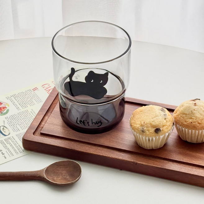 헤이루미 홈카페 귀여운 포인트 깜냥이 유리컵 300ml 2p 선물 세트, 1세트