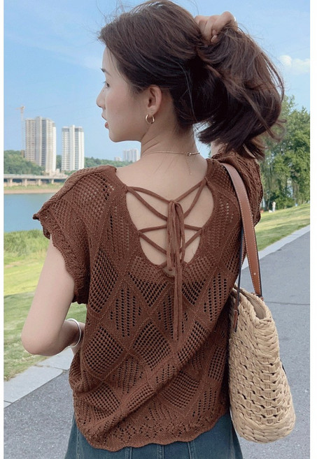 FINE ART 여성 펀칭 반팔 니트 탑 여름 오프숄더 얇은 여름 라운드 작은 키 날개 소매 맨투맨 데일리