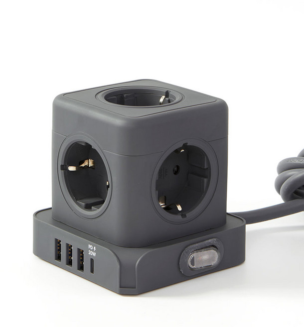 일렉온 큐브 멀티탭 5구 디자인 멀티콘센트 USB C PD 고속충전 절전스위치 ECU-513, 1개, 블랙, 1.8m