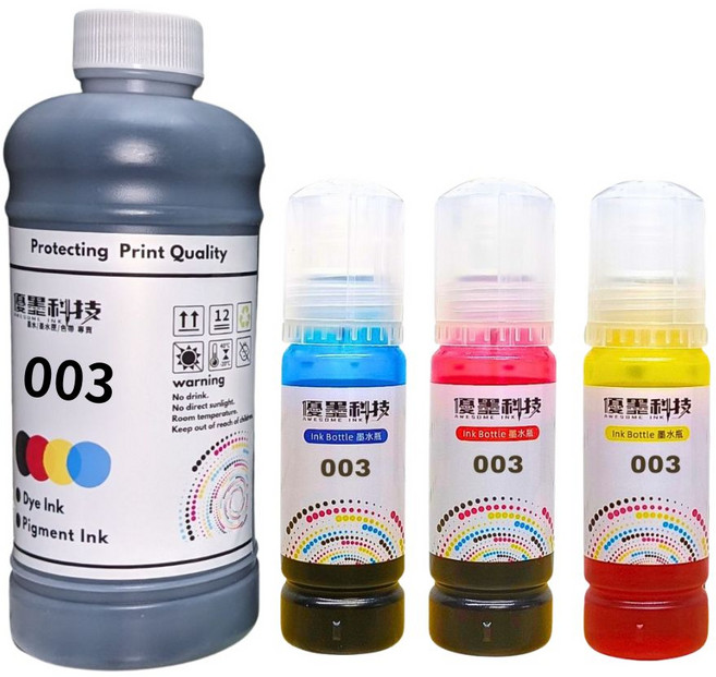 優墨科技 相容EPSON 003墨水 L3110 L3210 L3550 L5590 濃度色彩提升, 黑 500ml+紅青黃各 70ml, 1個