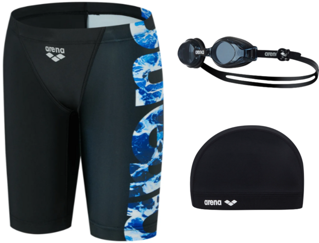 [국내매장판] 아레나 빅웨이브 남자 아동 4부 수영복 아동 스판 수모 수경 세트 / 남아 수영 용품 세트