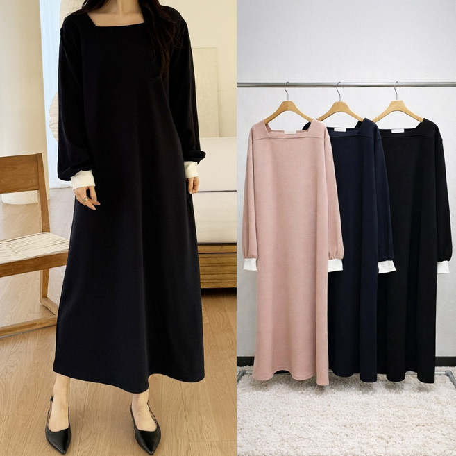 뮤앤뮤즈 여성 봄 가을 긴팔 캐주얼 스퀘어넥 롱 원피스 루즈핏 빅사이즈 데일리룩