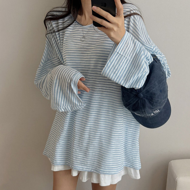 마이쏭 여성 빅사이즈 봄신상 여름긴팔 루즈핏 래퍼단가라박스긴팔티