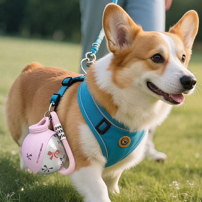 루베라 강아지 휴대용 물통 304 스테인리스 접이식 산책용 애견 물병 급수기 285ml 누수방지 스트랩형, 1개, 소프트 핑크 (패턴)