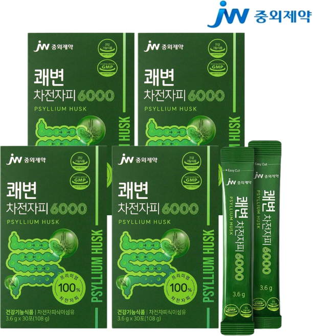 JW중외제약 바로 쾌변 차전자피(100%)환 6000 수용성 식이섬유 영양제 30포 효능, 108g, 4개