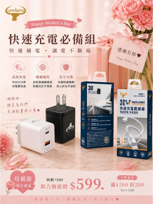 cowhorn 快速充電必備組, 1個, 白-快充頭/USB to TC, 白