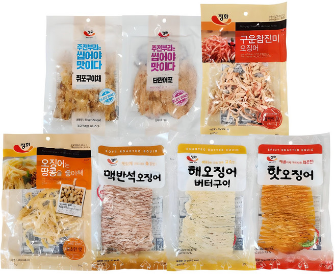 [더먹다]정화식품 건어물 세트 맥주안주 마른안주 쥐포구이채/단짠어포/오땅/구운참진미/맥반석오징어/해오징어/핫오징어, 275g, 1세트