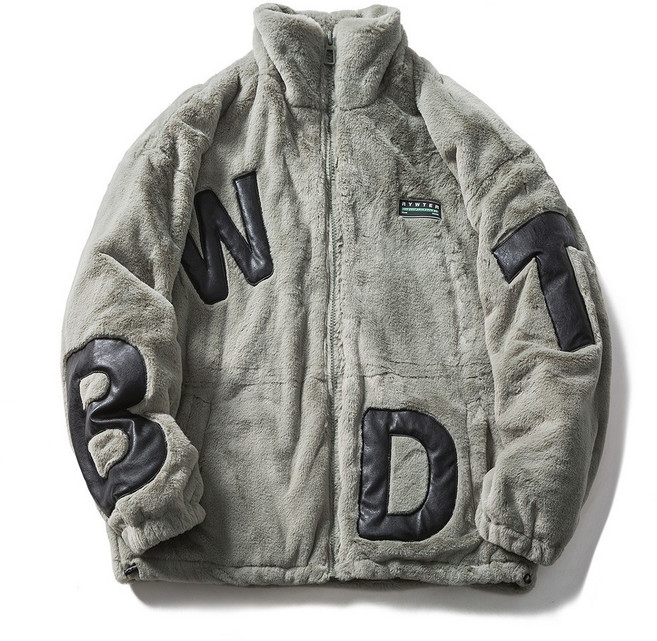 刺繡絨毛棉衣 男士冬季保暖立領字母印花寬鬆短款棉服外套