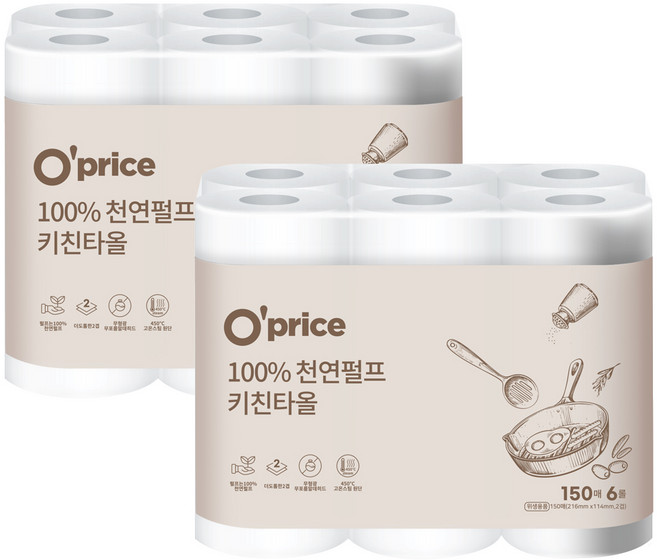 라운지전용 오프라이스 키친타올 150매 x 6롤 x 2팩 총 12롤 359558, 6
