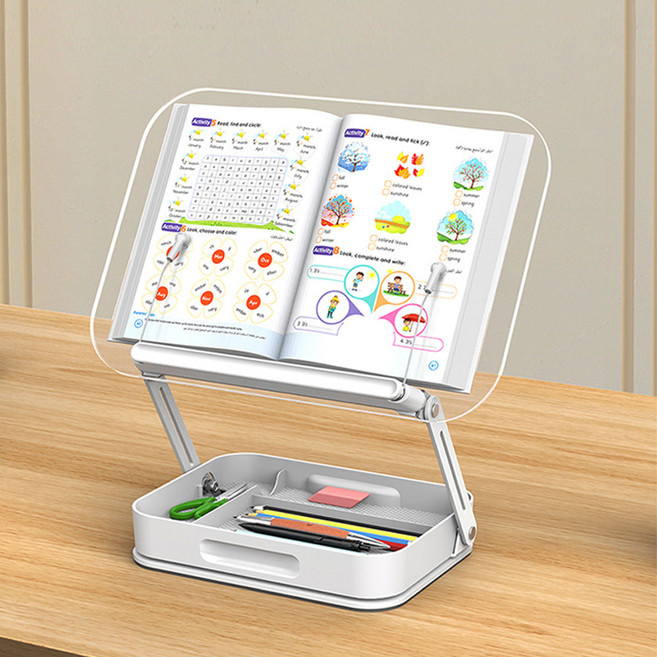 크리브리즈 360도회전 높이각도조절 접이식 투명 독서대, 하단수납형화이트