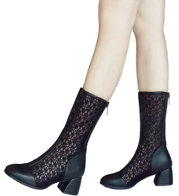 셀럽당여성용 망사 리얼 가죽 앵클부츠 뒤 지퍼 통기 펀칭 샌들