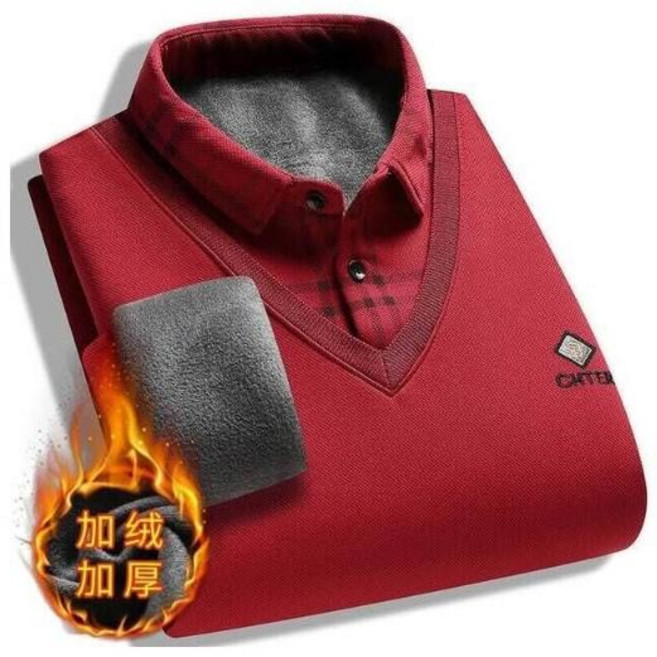 加絨加厚羊毛衣，寬鬆休閒翻領針織保暖毛衣，爸爸商務正裝假兩件發熱衣