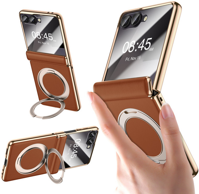 YOOVEI 삼성 갤럭시 Z 플립7 가죽 케이스 맥세이프 힌지보호 풀커버 플립 휴대폰 케이스 일체형 고화질 보호필름 + 360도 각도 조절이 거치대 마그네틱