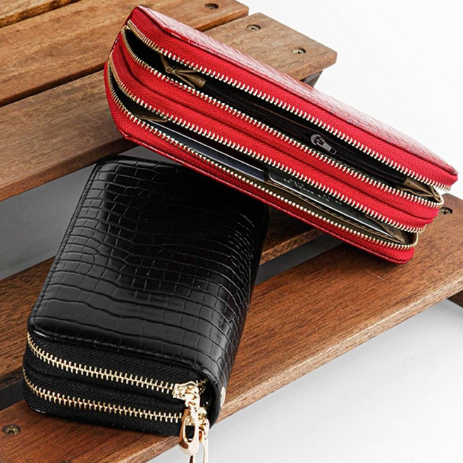 여성 가죽 2단 지퍼 동전 카드 스트랩 장지갑