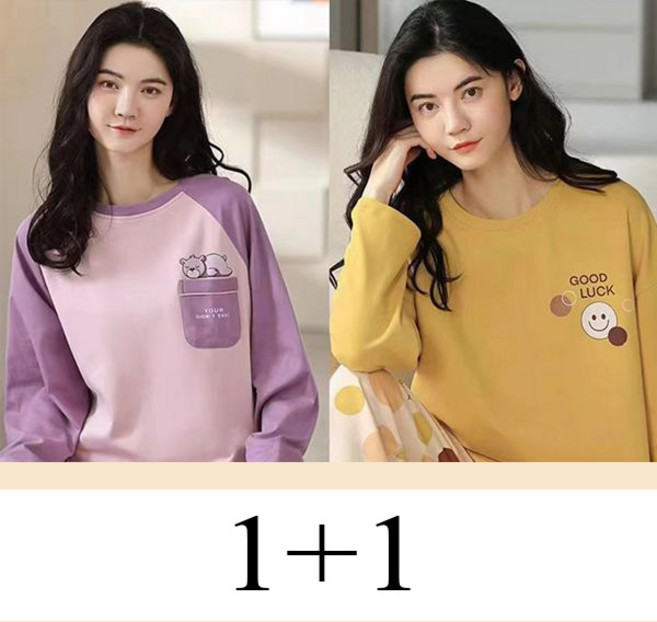 1+1 여성 긴팔 잠옷 상하의 세트 봄 가을 루즈핏 여자 홈웨어 투피스 빅사이즈 춘추 실내복 캐주얼 캐릭터 파자마 SJS