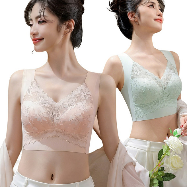 KAQIA 레이스 여성 노와이어 브라 패드일체형 빅사이즈 심리스 브래지어 2세트 WX04