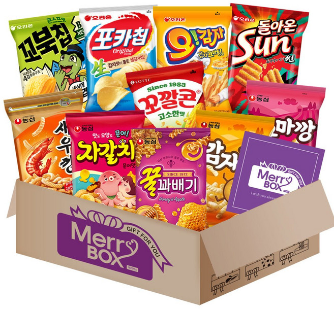 메리박스 봉지스낵 세트 10호{꿀꽈배기+고구마깡+감자깡+자갈치+새우깡+썬칩+꼬북칩+오감자+포카칩+꼬깔콘}+메세지카드, 1박스, 과자세트