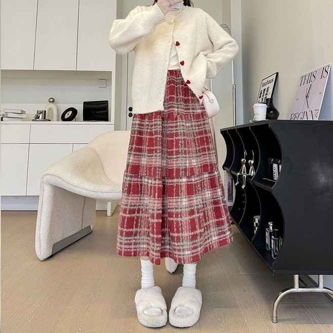 毛呢復古藏青格子半身裙女秋冬季新款高腰a字顯瘦中長款蛋糕裙