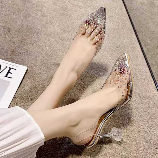 투명구두 뮬 유리구두 키높이 여름 투명힐 뾰족구두 샌들, 1개, 실버 7cm 225