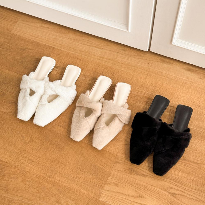 셰릴비 유타빌 송치 V컷 꼬임 꽈배기 털신 퍼 스트랩 블로퍼 뮬