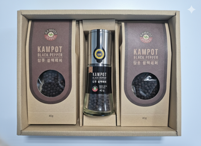 캄폿 블랙페퍼 선물세트 흑후추 그라인더 1개+리필 2개 세트 구성, 1세트, 120g