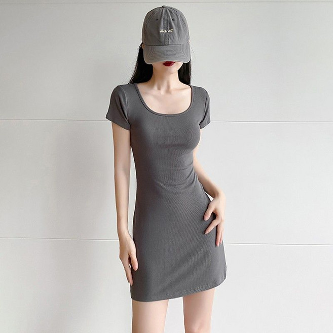 性感低領彈力修身顯瘦長款包臀高腰過膝長裙, 1個, 深灰 短款M 建議85-110斤