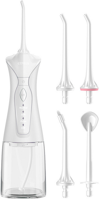 코슬루스 3+8 모드 무선 구강세정기 IPX7 급방수 + 4개노즐팁, 화이트