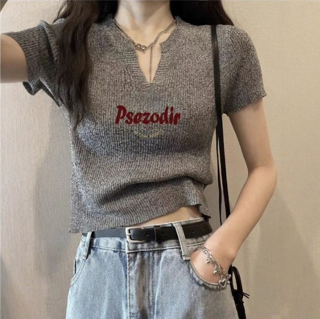 니트 반팔 티셔츠 여성 여름 다용도 V넥 아이스 실크 상의
