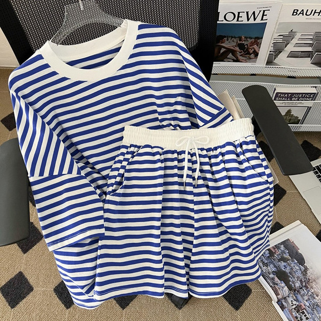 후암마켓 여성 스트라이프 반팔 반바지 세트