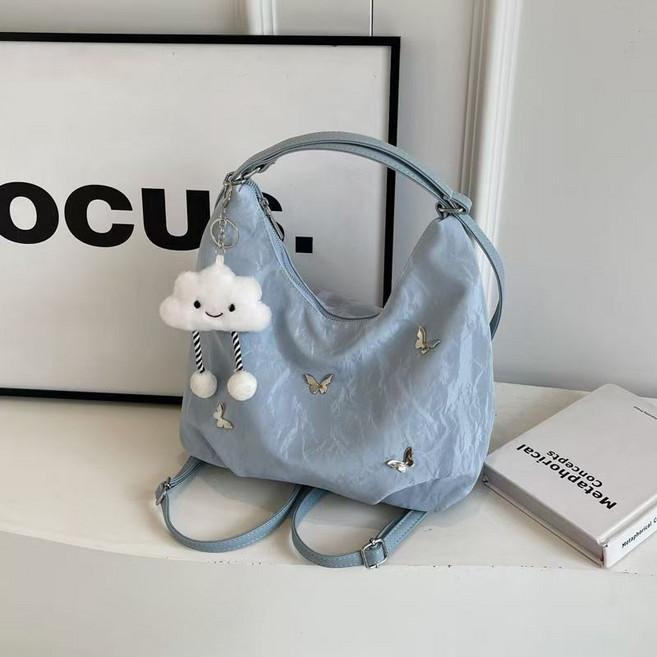 簡約高級感包包 韓系 新款時尚雙肩後背包 多用單肩水桶托特包 大容量女包學生後背包, 藍色【加厚升級版】,單獨包包