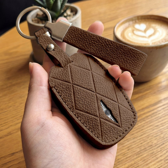 강튼 제네시스 가죽 차키 케이스 키홀더 키커버 GV80 G80 GV70 G70, 제니시스A타입(6버튼), 브라운