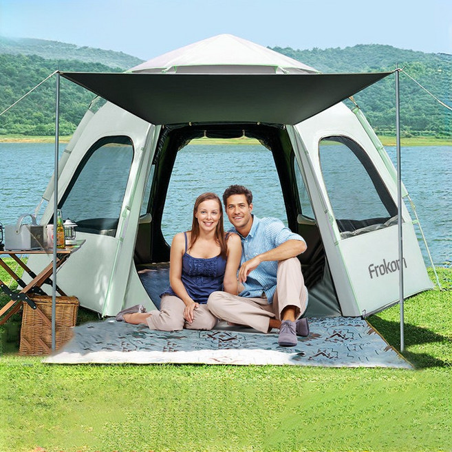 캠핑세일 Frokom 자동 원터치텐트 대형텐트 육각 돔텐트 방수 자외선차단 캠핑텐트 5-8인용, 화이트