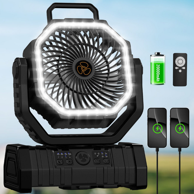 KINGLEAD 킹리드 무선 캠핑 선풍기 LED 조명 텐트천장 휴대용 대용량 배터리 팬, 흑색