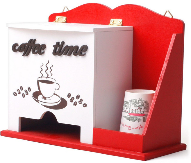 토탈하우스 커피타임 우드티박스 커피박스 커피믹스정리 커피정리함, 레드-커피타임-우드티박스-3166, 1개