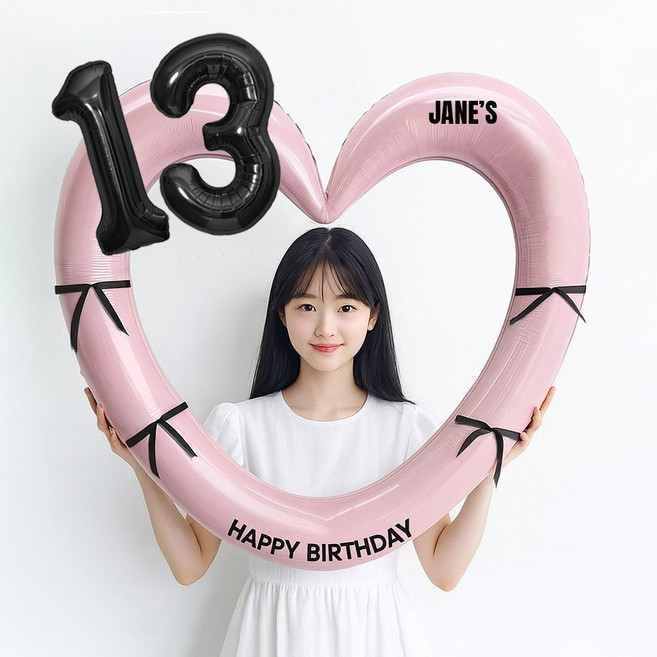 해피제이니 블랙 숫자 하트프레임 풍선 생일파티용품세트(프리레터링 시트지 포함) 포토존, 1세트, 13 핑크하트