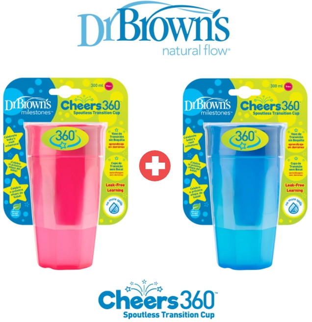 닥터브라운 흘림방지 360도 안전유아컵 1+1구성 300ml 용량(핑크 블루 색상선택), 03. 300ml 핑크1+ 300ml 블루1