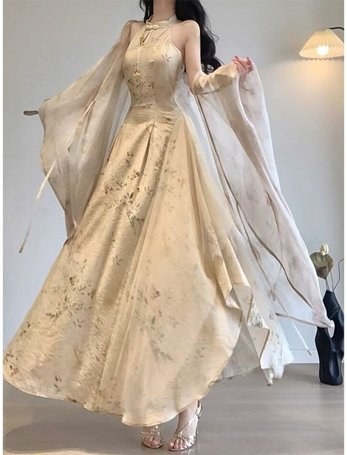 新中式國風古法改良旗袍碎花掛脖連衣裙 黃色旗袍+黃色披肩, 黃色[黃色]旗袍+黃色披肩,XL 建議115-125斤