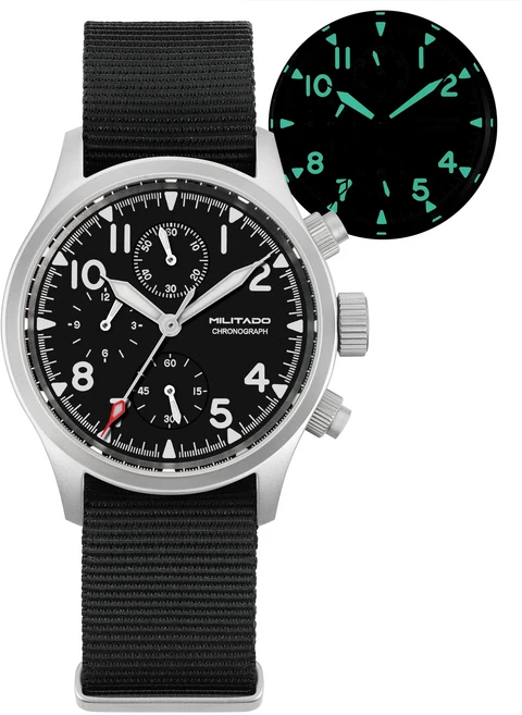 스마트워치용Militado ML1868KF 3 다이얼 쿼츠 시계 VK67 크로노 그래프 무브먼트 빛나는 사파이어 100m 방, 06 BK Nylon No Date