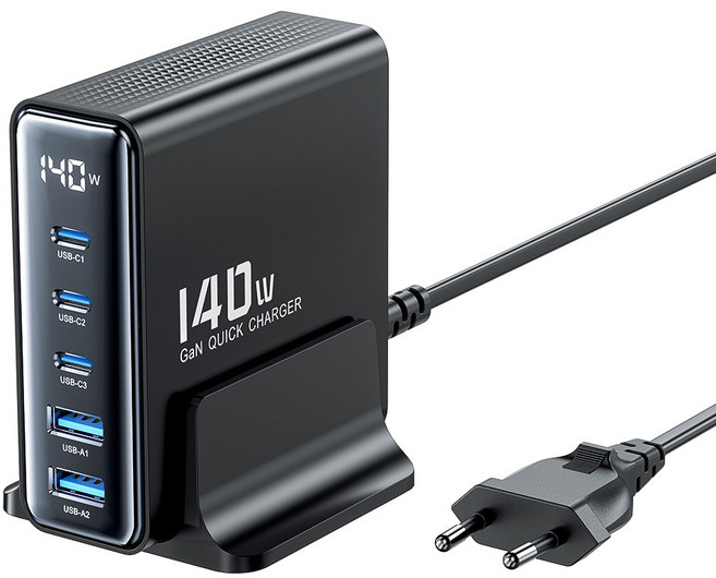 Toocki 투키 GaN 140w LED 디스플레이 3C2A 5포트 C타입 PD3.0 PPS 초고속 멀티충전기, 1개, 블랙