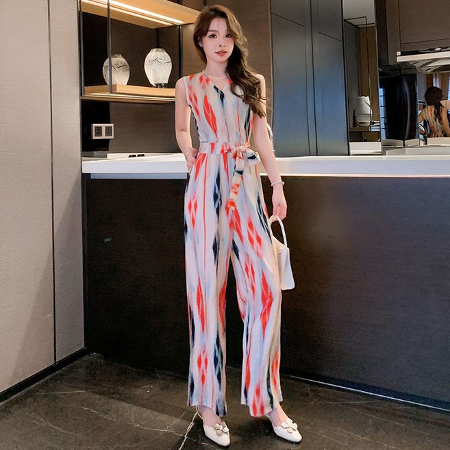 COSYEVNO 민소매 점프슈트 슬림핏 프린트 패션 여름 여성 바지